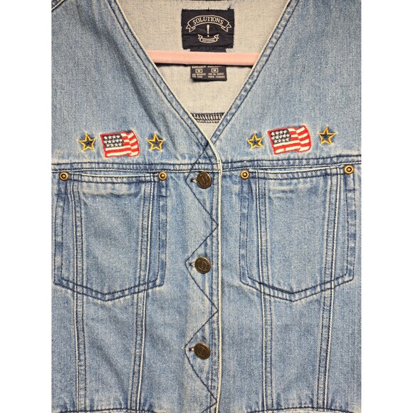 Solutions Original Vintage Denim Vest Pockets Flags Button Up Women's Medium - Picture 2 of 12